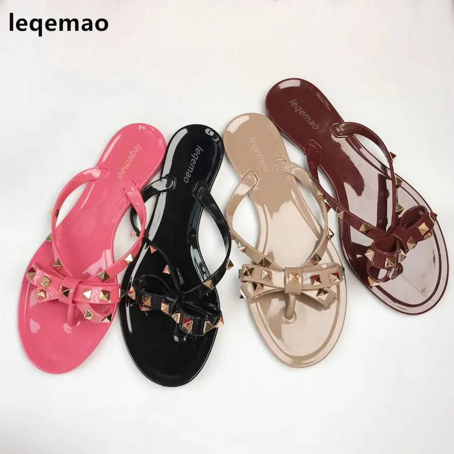 Fashion Summer Flip Flops Woman Rivets Women Sandals Bow knot Flat Slippers Girls Studded Cool Beach Slides Jelly Shoes 35-41