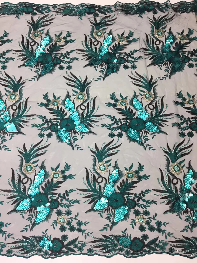 

Free shipping (5yards/pc) deep green African tulle lace newest French net lace with gorgeous sequins embroidery for dress FLT01