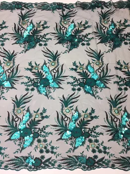 

Free shipping (5yards/pc) deep green African tulle lace newest French net lace with gorgeous sequins embroidery for dress FLT01