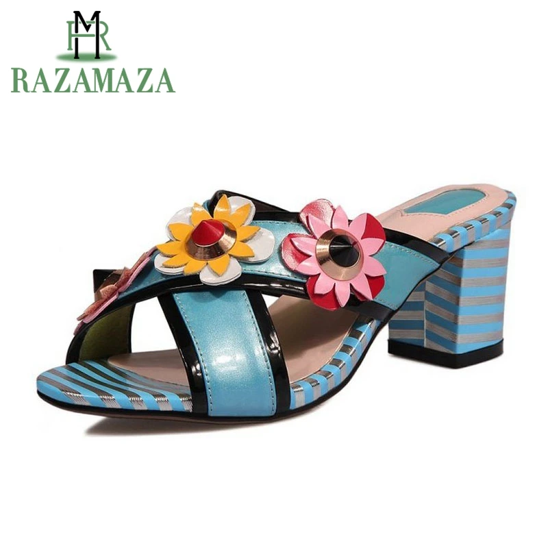 

RAZAMAZA Vintage Women Real Genuine Leather High Heel Sandals Flower Rivet Thick Heel Slippers Summer Party Shoes Size 34-40