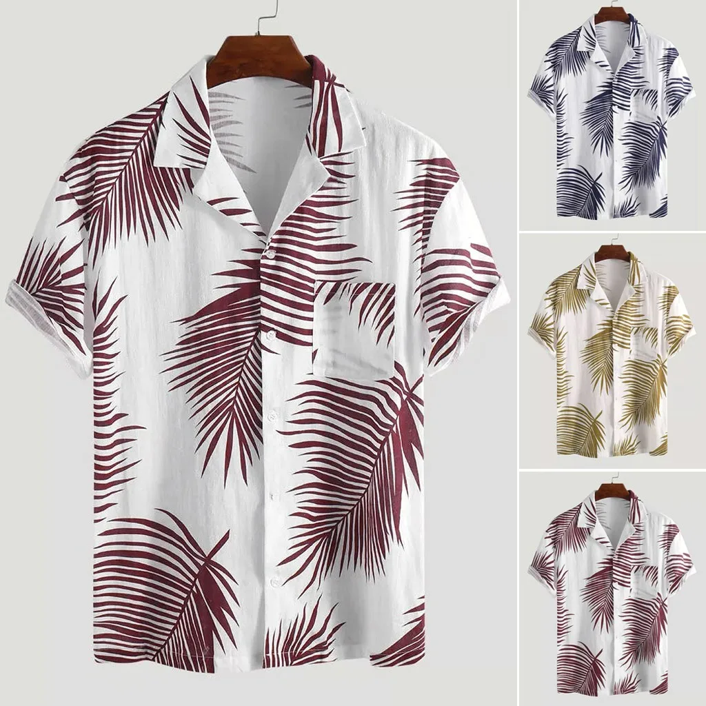 

Men's Summer Button tshirt Hawaii Print Beach Pocket Short Sleeve Quick Dry Top