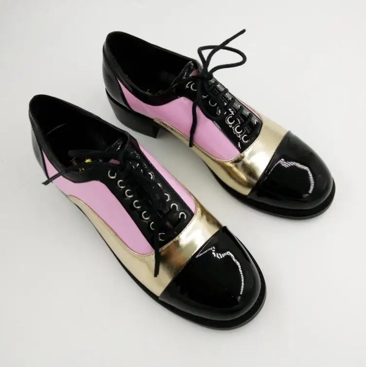 Женские оксфорды в британском стиле с закругленным носком золотого, розового и красного цветов на шнуровке; scarpe chaussures; Туфли-броги