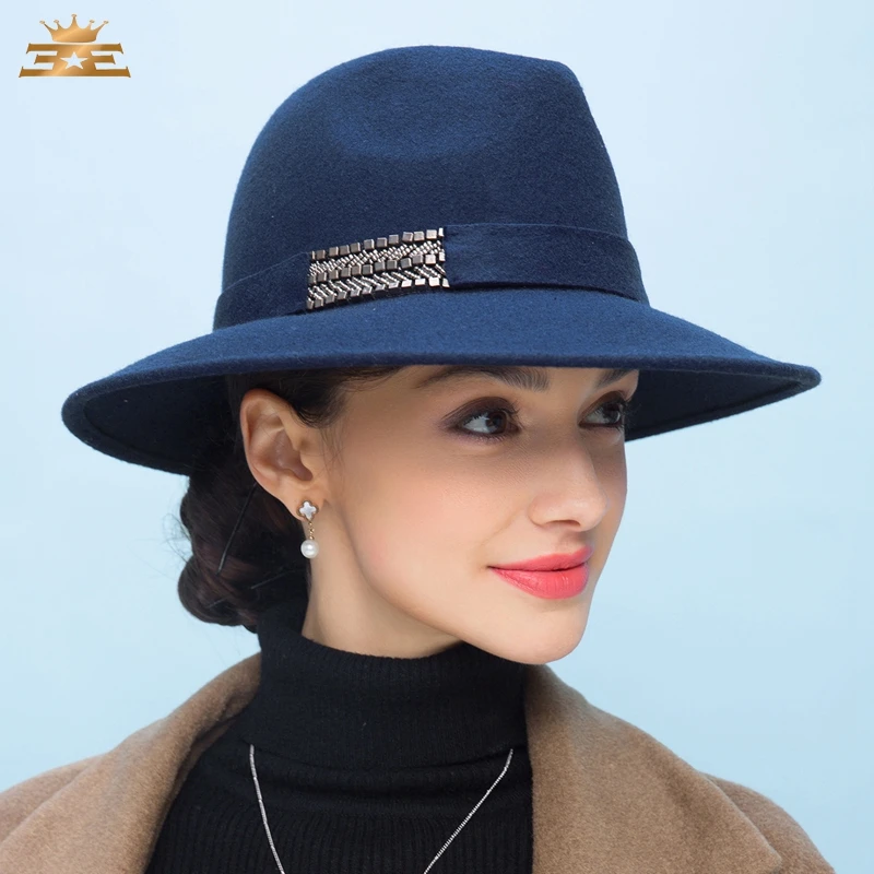 Женская зимняя новая синяя шерстяная шапка, женская, детская зимняя, подходит ко всему, чистый шерстяной джазовый головной убор, Женская Шляпа Fedora B-4777 - Цвет: Синий