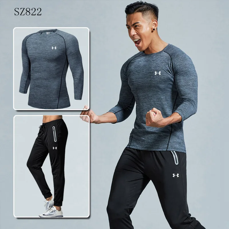 

Under Armour Jacket Men Black Gray Training Running Sets fitness clothing Gym Clothing 2 pieces Long Sleeve jacket+pants