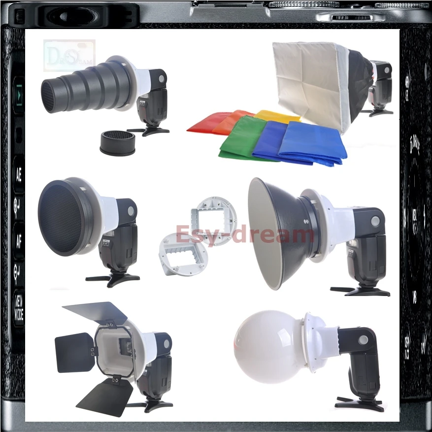 

6 in 1 Flash Speedlite Accessories Kit Adapter Softbox Diffusor Comb Snoot for Nikon SB600 SB800 FL36 FL36R DMW-FL360 PF007