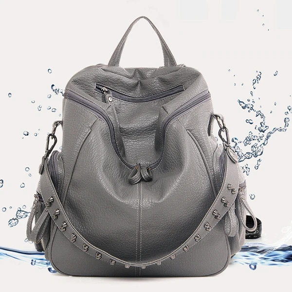 Женский рюкзак Кошелек 3 способа PU промытый кожаный заклепки Шипованные дамы рюкзак сумка(серый