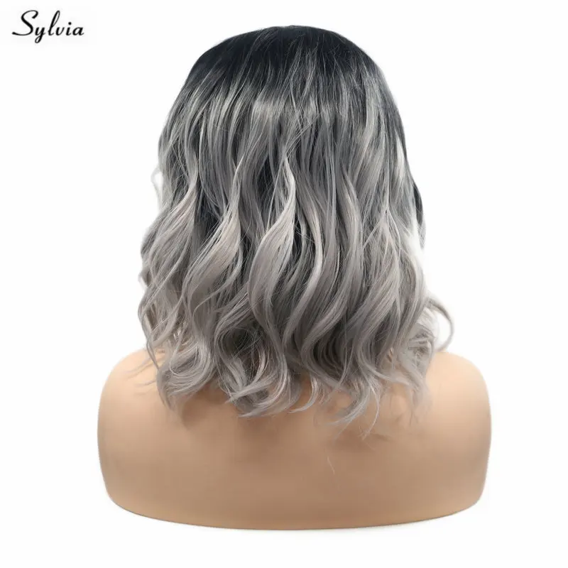 

Sylvia 14inch Water Wave Ombre Grey Lace Front Wig Short Wig Bob Heat Resistant Synthetic Gray Wig for Women Girl Cosplay Party