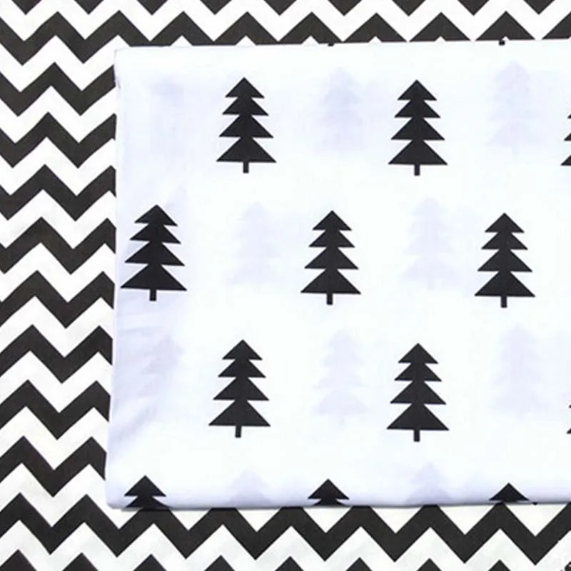 

100% cotton twill cloth cartoon white BLACK pine CHEVRON fabric for DIY kids crib bedding cushions crafts handwork quilting tela