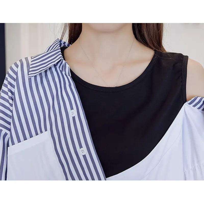 С длинным рукавом без бретелек сплайсированные женские пуговицы для рубашки корейская мода леди асимметрия весна полосатый o-образным вырезом женские длинные рубашки