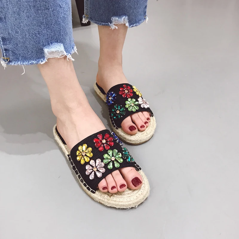 

Hai Yue Li woman shoes flat casual slides Colorful Rhinestones slippers flax rope weave canvas Non slip women sandals