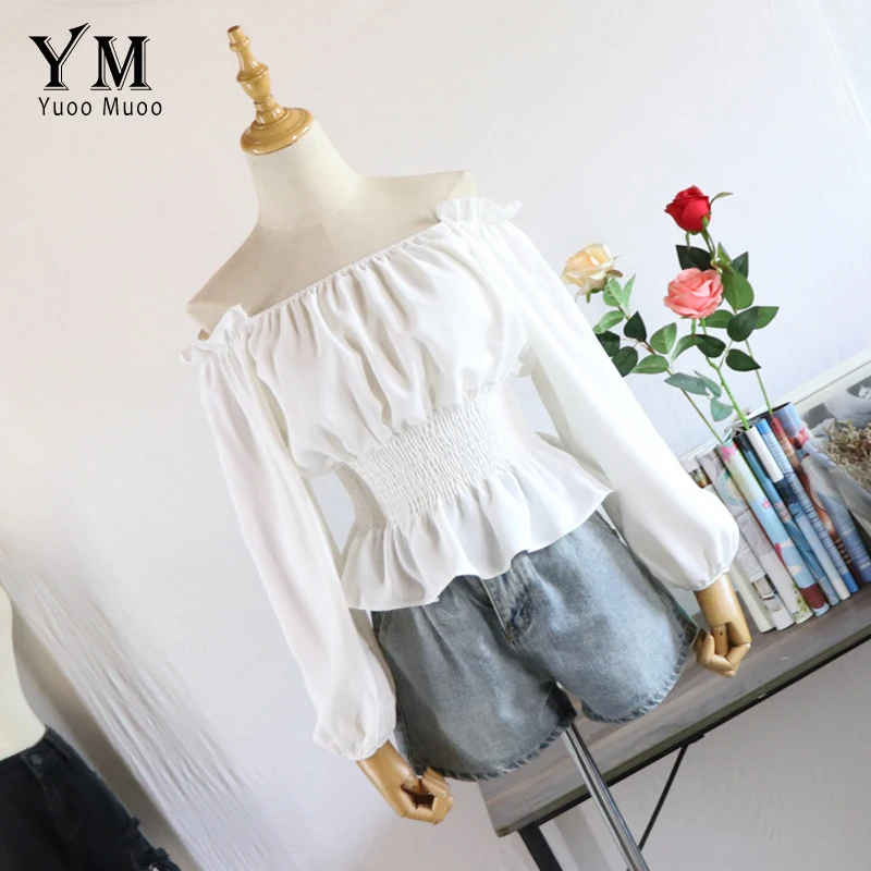 YuooMuoo Топ с длинным рукавом и открытыми плечами, новинка, Весенняя женская шифоновая блузка, модный тонкий корейский стиль, топ с оборками, белая рубашка