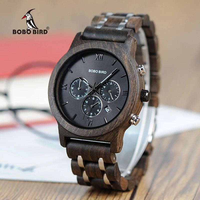 BOBO BIRD Wood Watches Men Business Luxury Stop Watch Color Optional with Wood Stainless Steel Band V-P19