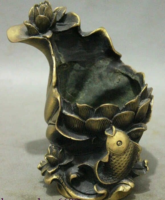 

Chinese Auspicious Pure Bronze Fish Lotus Shape Art Statue Brush Pot Pencil Vase discount 30%
