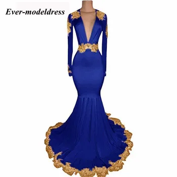 

Long Sleeves Mermaid Evening Dresses 2019 Gold Appliques Deep V-Neck Backless Prom Party Dress Formal Gowns Robe De Soiree Cheap
