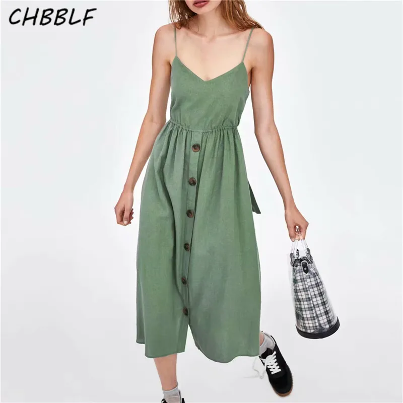 

CHBBLF women bow tie midi dress sleeveless backless spaghetti strap elastic waist female chic dresses Vestidos BGB8347