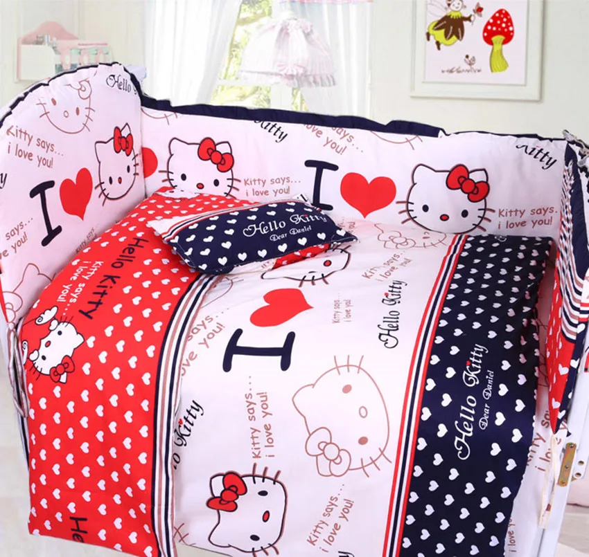 

6Pcs Baby Bedding Set Cotton Cartoon Crib Bumper Infant Cot Flat Sheet Pillowcase Newborn Crib Bedding For Girls Baby Bed Set