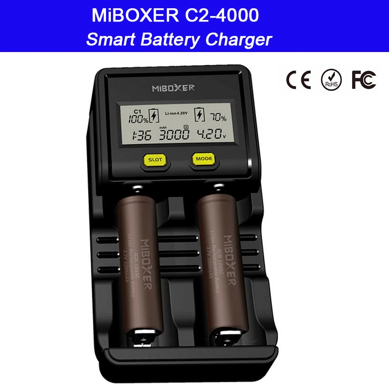 

2 slots Intelligent LCD Screen Battery Charger Miboxer C2-4000 for Li-ion/Ni-MH/Ni-Cd/LiFePO4 18650 26650 rechargeable batteries