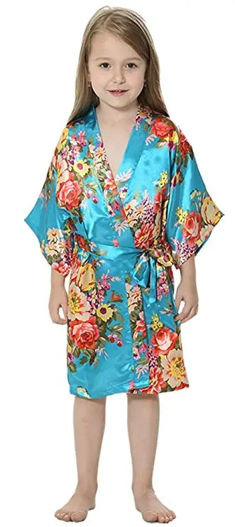 Милая Детская шелковая пижама, одежда для сна для девочек, одежда для сна, цветочное кимоно, ночная рубашка