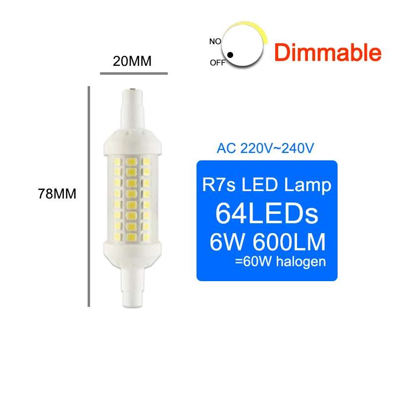 Светодиодный потолочный светильник R7S лампа 6 Вт-15 Вт AC 110V 220V 78 мм 118 мм 135 мм 189 мм заменить пятно трубки галогенные светильник 50 Вт 100 Вт 150 Вт Светодиодный прожектор светильник - Испускаемый цвет: 78MM Dimmable 6W