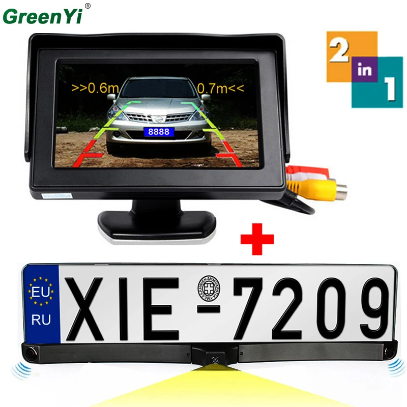 

3in1 HD CCD European Russia License Plate Frame Rear View Camera With 2 Parking Sensors + 4.3" Car Video Parking Monitor