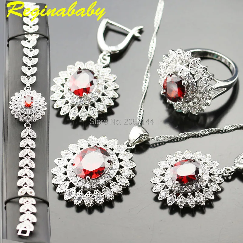 

Jewelry Set For Women 925 Logo Silver Color Bracelet/Rings/Earrings/Necklace/Pendant Red Created Garnet White Zircon set