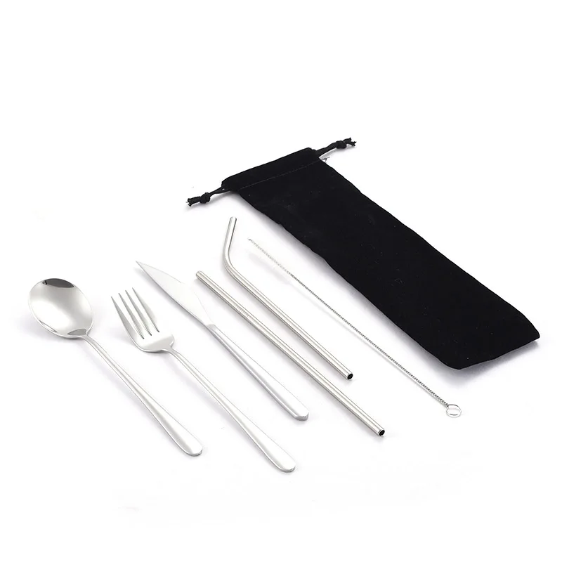 Набор посуды для путешествий, кемпинга, набор столовых приборов, многоразовая посуда из серебра, металлическая соломинка, ложка, вилка, палочки для еды и портативный чехол - Цвет: Cutlery Set F