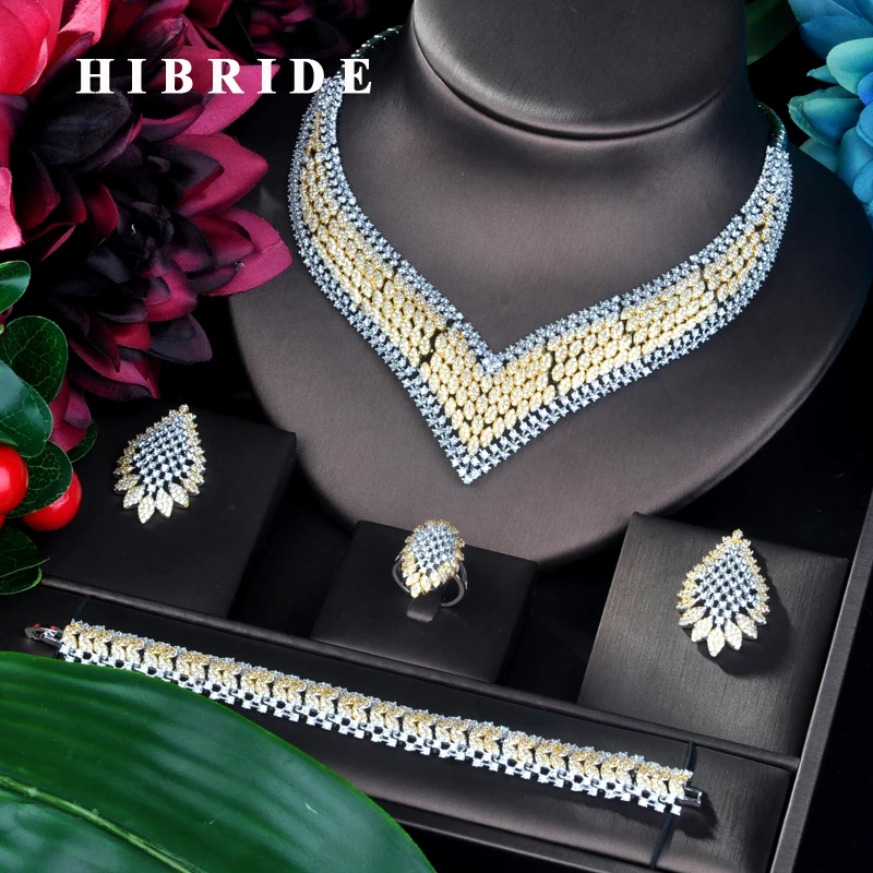 

HIBRIDE Trendy Luxury Double Tone Dubai Jewelry Set CZ Earrings Necklace Women Bridal Jewelry Set For Party Gits N-894