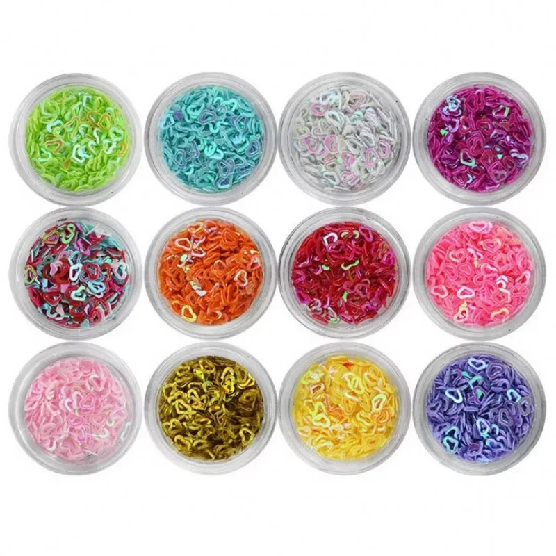 

12 Boxes/set Iridescent Sequins Hollow Heart Pattern Colorful Nail Glitters Set 3D Acrylic Nail Tip Glitter Sequins PLB-07