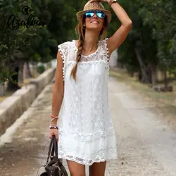 AZULINA летнее платье для женщин Повседневное пляжное короткое кисточкой Белый Мини кружево пикантные Платья для вечеринок женские мягкие