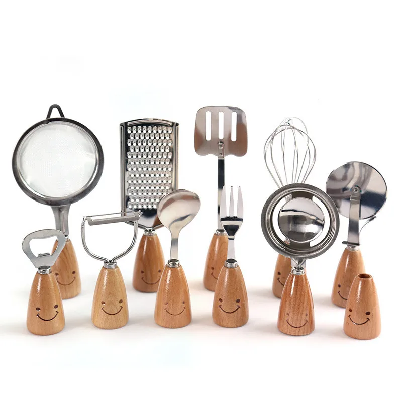 

1PC Smile Wooden Handle Stainless Steel Fork Spoon Spatula Egg Beater Kitchen Gadget Cooking Tools Kitchenware 25