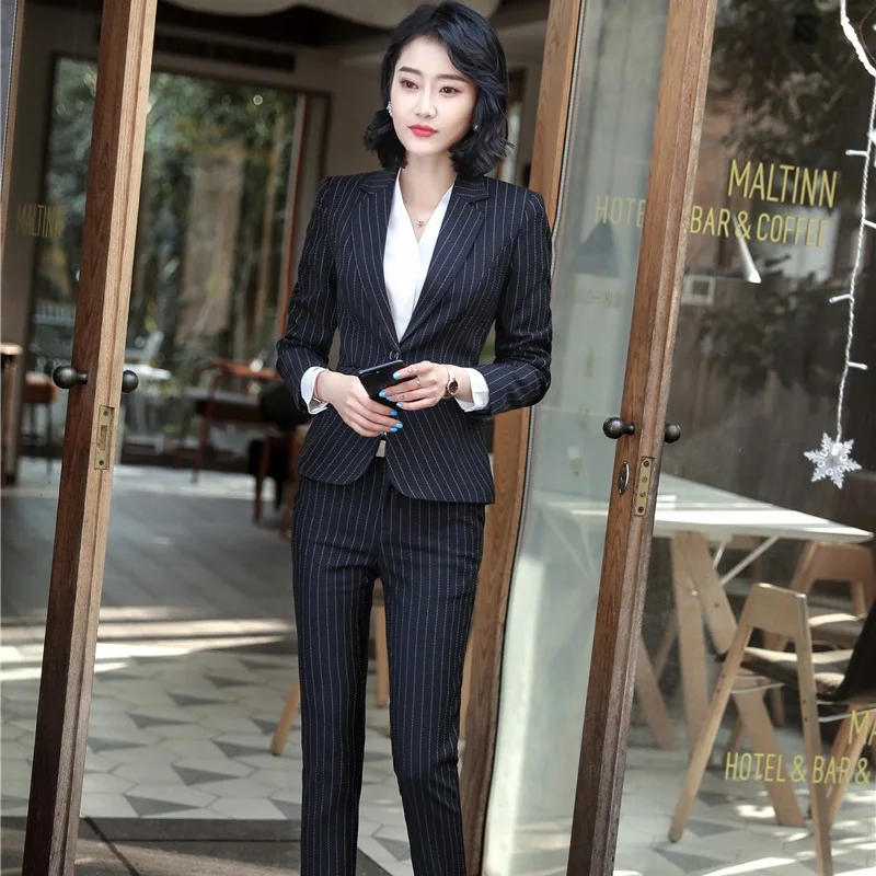 Blazers Striped grey Uniforme Avec Pour Striped Tops Blue Et Dames Femmes Styles Ensembles Striped Black Professionnel dark Pantsuits Femme Rayé Pantalon Pantalons Vestes Costumes wOqUwSB