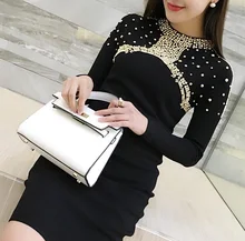 KND021 Rhinestone long bag hip sweater dress/beading slim dress/Package hip knit dress/beades slim knitted dress sweater