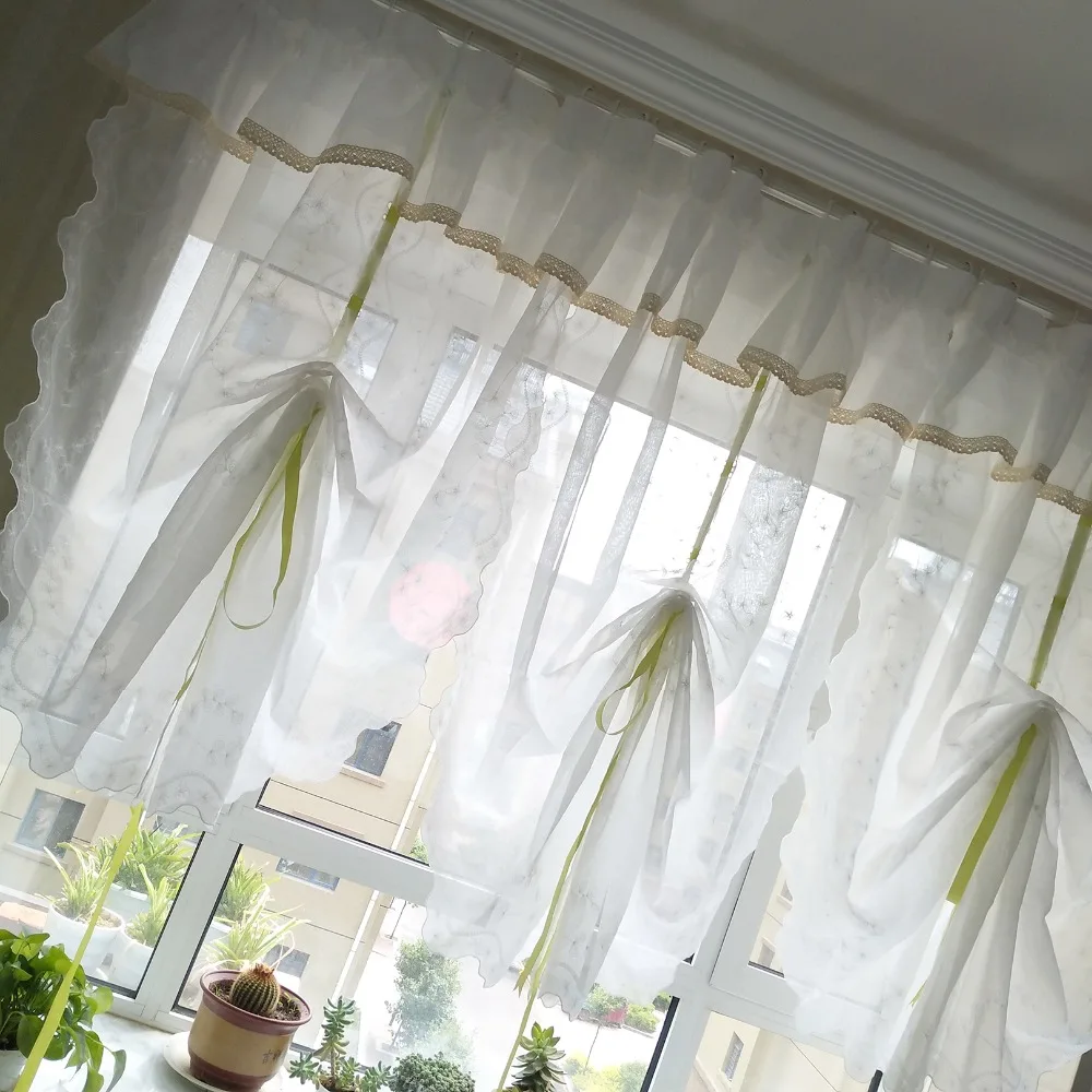 

1 Panel 82cm or 125cm Width White Embroidered Translucidus Cross Linen Sheer Double Curtain Top With Beige Lace Multi-height