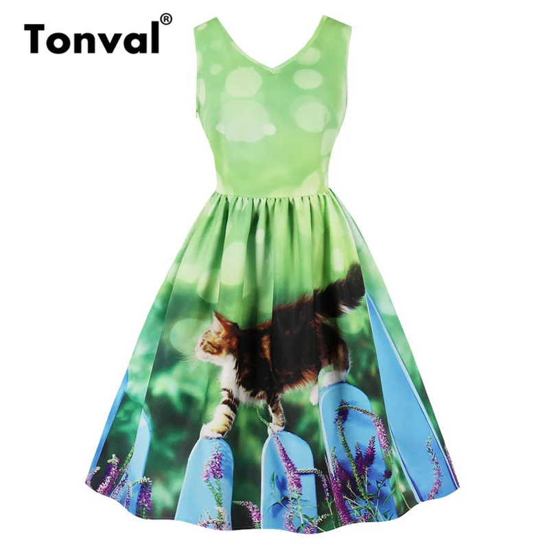 

Tonval Clearance Green Casual Women Summer Dress Sleeveless Cute Animal Cat Print Pleated Dress Fit and Flare Dresses