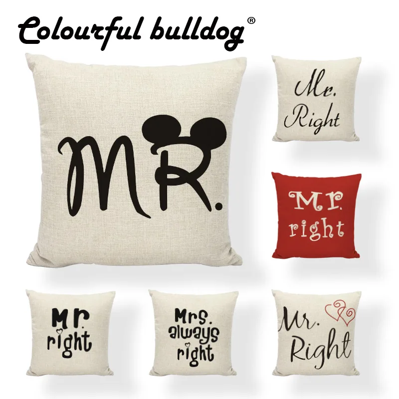 

Mr Mrs Supporting Letters Cushion Cover Always Right Pillow Cover Red Cotton Linen Decorative Couple Lover Home Throw Pillows