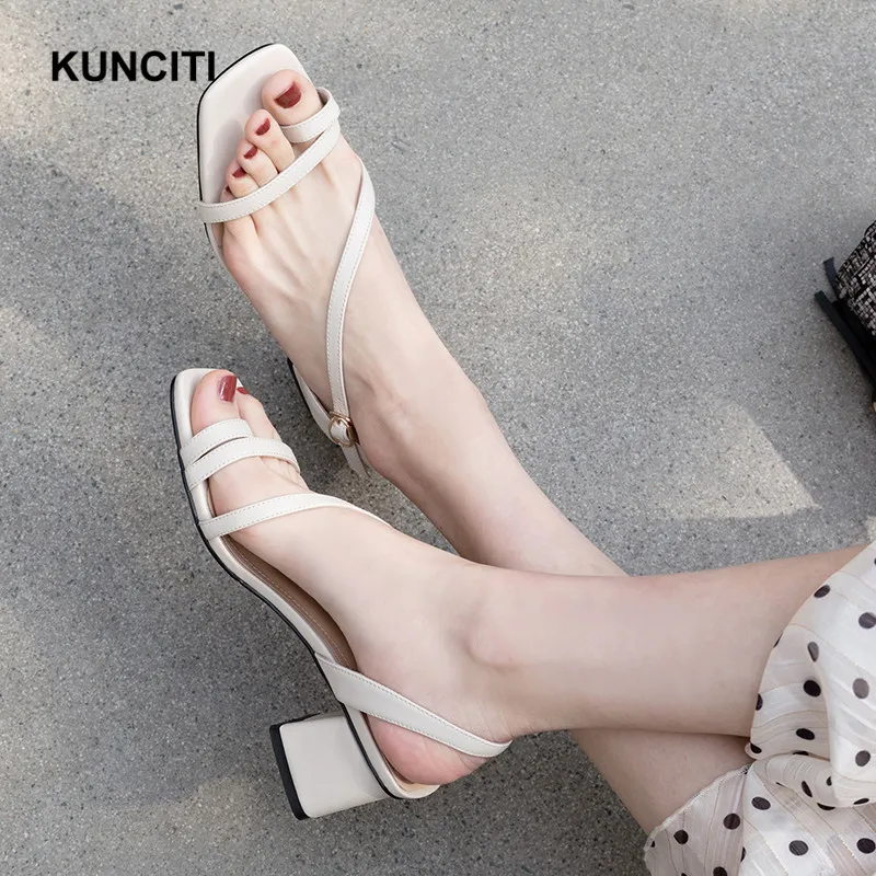 

2019 KUNCITI Women Flip Flop Sandals European Genuine Leather Ladies Summer Shoes Big Size 34-43 Sexy Sandals Med Heels X996