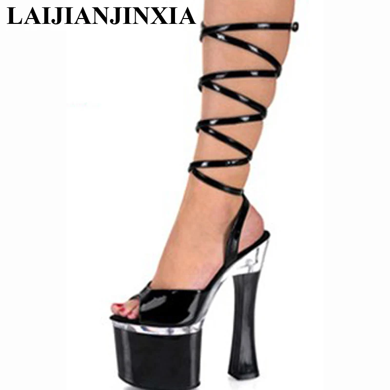 LAIJIANJINXIA 18 cm high heel sandals package with clubs in Europe and America black shoes Big yards heels for women's shoes