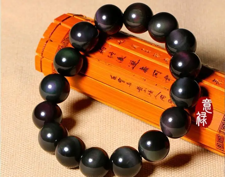 

free shipping Natural Black Obsidian Rainbow Round Beads Stretch Bracelet AAAA 16 mm