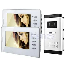 7 ”color con cable video de la puerta teléfono set kit 2 monitores + 1 intercom timbre de la cámara al aire libre con dos botones de control para dos las familias