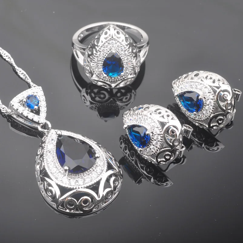 Свадебные украшения Голубой цирконий белые бусины CZ женские 925 серебряные ювелирные наборы серьги/ожерелье/Кольца подарочная коробка QZ0211