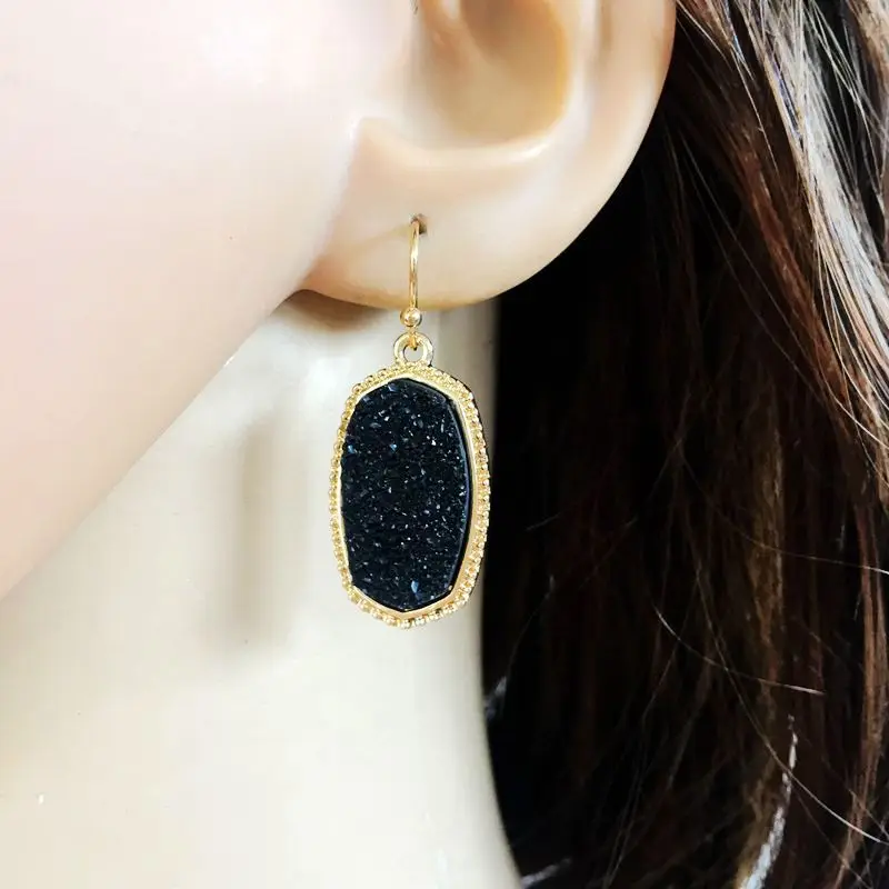 

Fashion Colorful Geometric Oval Druzy Stone Statement Earrings Women 2019 Bohemian Mini Drusy Dangle Earrings Jewelry Wholesale