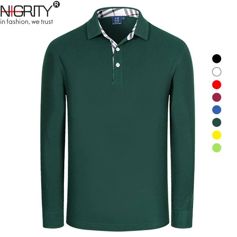 

NIGRITY New 2019 Spring and Autumn Men Polo Shirt Mens Long Sleeve Solid Polo Shirts 94% Cotton Good Quality Plus Size S-4XL