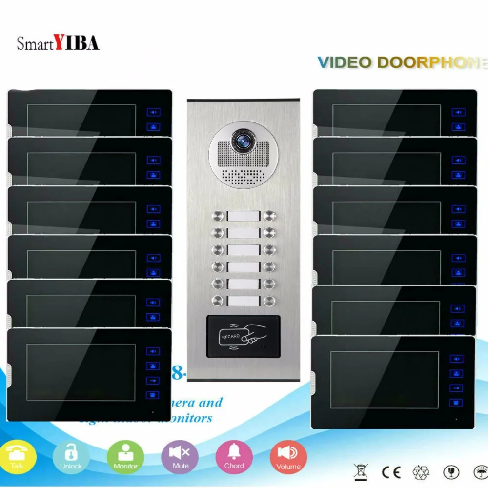 SmartYIBA 12 Units Video Intercom Apartment Door Phone System Camera 7\ Monitor video Doorbell withRFID Card Unlock for 12 Hous