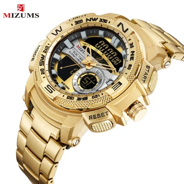 СВЕТОДИОДНЫЙ цифровой спортивный хронограф Zegarek Meski, мужские наручные часы, водонепроницаемые кварцевые часы из нержавеющей стали для мужчин, модные часы - Цвет: gold