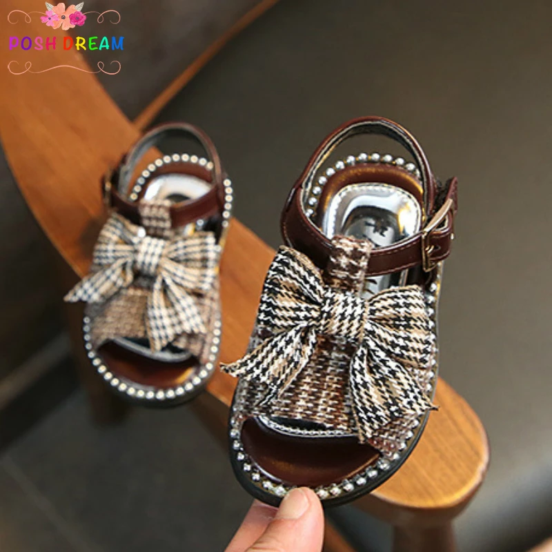 

POSH DREAM Summer Princess Toddler Baby Girls Sandals Shoes Black White Plaid Soft Bottom Leather Baby Sandals Fashion Shoes