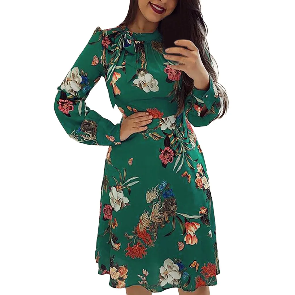 

CHAMSGEND High Quality Women Dress 2018 Floral Print Slim Vintage Dress High Waist O-neck Long Sleeve Zipper Mini Dresses No22