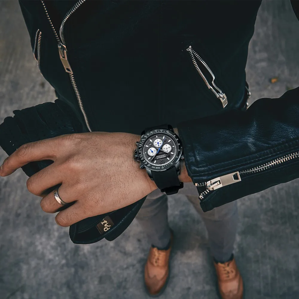 HEMSUT Лидирующий бренд наручные часы мужские черные спортивные наручные часы на эластичном ремешке хронограф мужские часы relogio masculino Прямая