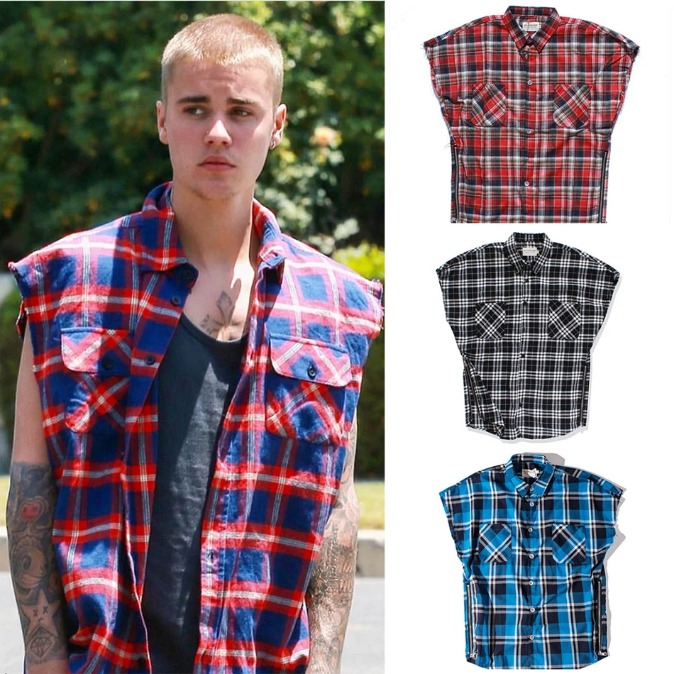 

Streetwear Oversized Plaid Sleeveless Shirts Mens Waist Zipper Checkered Justin Bieber Tide Multi-color Loose Tartan Shirts