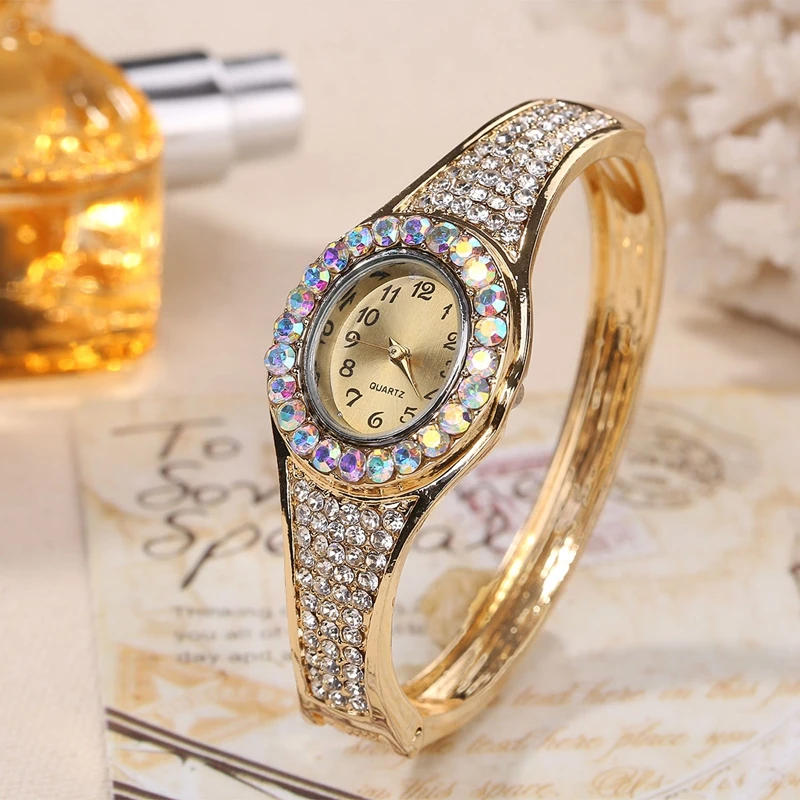 

Women Luxury Fashion Jewelry Watches Gold Color Band Dress Quartz Wristwatch Diamond Decor Bracelet Watch horloges vrouwen