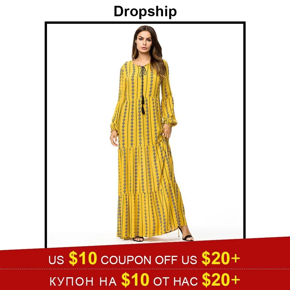 Дропшиппинг платье женские платья макси длинные размера плюс винтажные Vestidos Verano роковой Бохо принт кисточка длинный рукав мусульманский - Цвет: Yellow